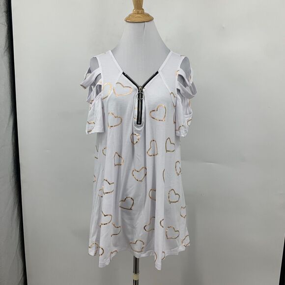 Noracora Top Womens L White Heart Cutout Cold Shoulder Zip V Neck Short Sleeves - Picture 2 of 14